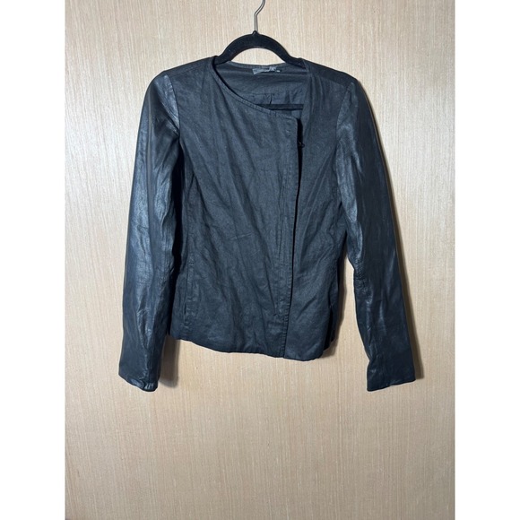 Vince $1,295 Black Leather Sleeve Linen Blend Jacket Size 8 Moto Biker